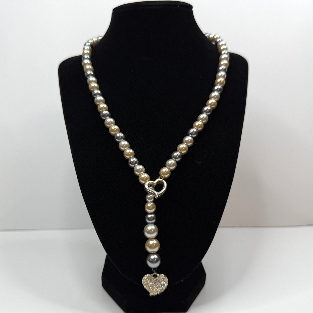 NRT Faux Pearl Beaded Y Lariat Necklace Rhinestone Heart Pendant Charm Jewelry